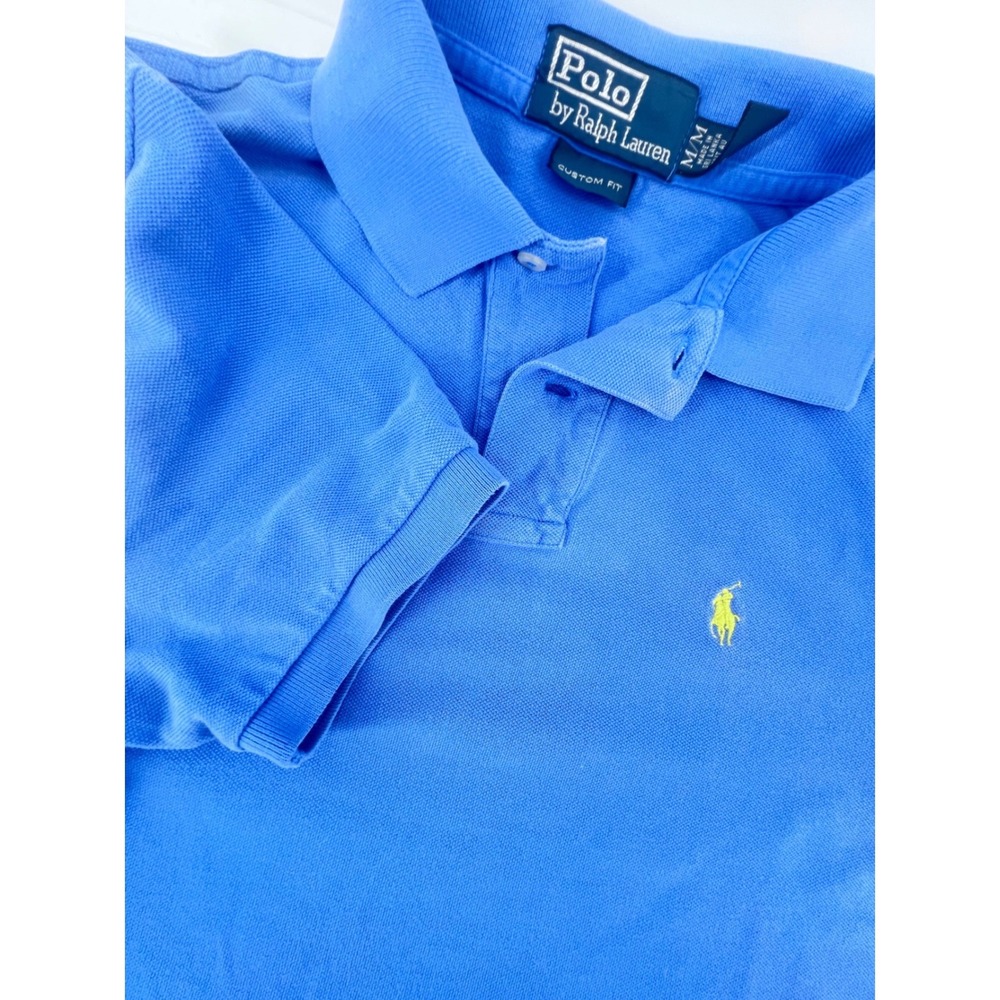 Polo Ralph Lauren Mens Custom Fit Blue Pique Polo Shirt Yellow Pony Medium